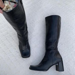90’s black chunky square toe leather knee high boots in perfect condition.